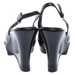 Pre Owned صندل سيرجيو روسي جلد أسود لامع كعب روكي نعل سميك بحزام للكاحل مقاس 38