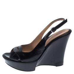 Pre Owned صندل سيرجيو روسي جلد أسود لامع كعب روكي نعل سميك بحزام للكاحل مقاس 38