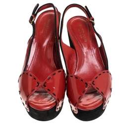 Pre Owned Sergio Rossi Red/Black Patent Leather And Suede Slingback Platform Sandals Size 39