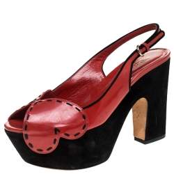 Pre Owned Sergio Rossi Red/Black Patent Leather And Suede Slingback Platform Sandals Size 39