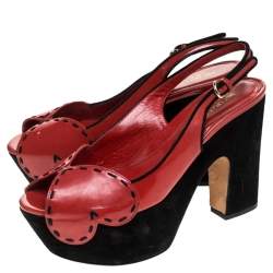 Pre Owned Sergio Rossi Red/Black Patent Leather And Suede Slingback Platform Sandals Size 39