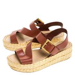 Pre Owned Sergio Rossi Brown Leather Espadrille Open Toe Ankle Strap Platform Sandals Size 36