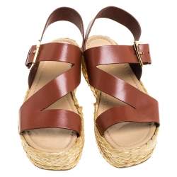 Pre Owned Sergio Rossi Brown Leather Espadrille Open Toe Ankle Strap Platform Sandals Size 36