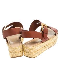 Pre Owned Sergio Rossi Brown Leather Espadrille Open Toe Ankle Strap Platform Sandals Size 36