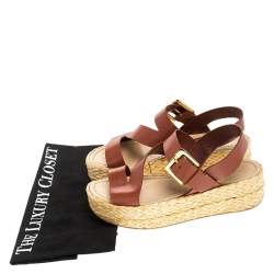 Pre Owned Sergio Rossi Brown Leather Espadrille Open Toe Ankle Strap Platform Sandals Size 36