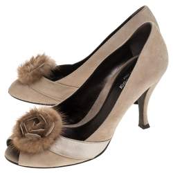Sergio Rossi Beige Suede And Fur Bow Peep Toe Pumps Size 37.5