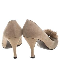 Sergio Rossi Beige Suede And Fur Bow Peep Toe Pumps Size 37.5