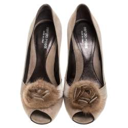 Sergio Rossi Beige Suede And Fur Bow Peep Toe Pumps Size 37.5