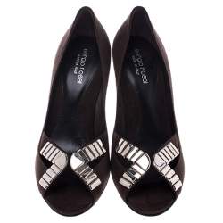 Sergio Rossi Brown Suede Metal Embellished Peep Toe Pumps Size 37.5