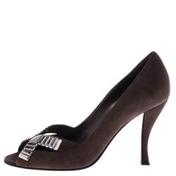 Sergio Rossi Brown Suede Metal Embellished Peep Toe Pumps Size 37.5