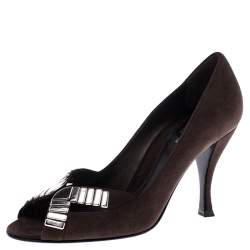Sergio Rossi Brown Suede Metal Embellished Peep Toe Pumps Size 37.5