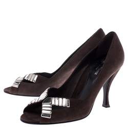 Sergio Rossi Brown Suede Metal Embellished Peep Toe Pumps Size 37.5