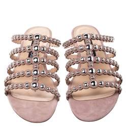 Pre Owned Sergio Rossi Beige Suede Studded Strappy Flat Slides Size 37
