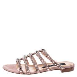Pre Owned Sergio Rossi Beige Suede Studded Strappy Flat Slides Size 37