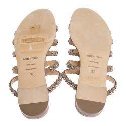 Pre Owned Sergio Rossi Beige Suede Studded Strappy Flat Slides Size 37