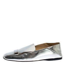 Sergio Rossi Silver Metallic Leather SR1 Loafers Size 41