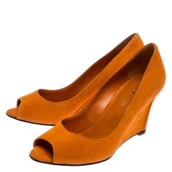Pre Owned Sergio Rossi Orange Suede Peep Toe Wedge Pumps Size 36.5