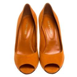 Pre Owned Sergio Rossi Orange Suede Peep Toe Wedge Pumps Size 36.5