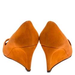 Pre Owned Sergio Rossi Orange Suede Peep Toe Wedge Pumps Size 36.5