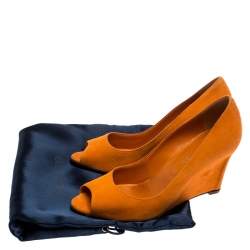 Pre Owned Sergio Rossi Orange Suede Peep Toe Wedge Pumps Size 36.5
