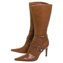 Pre Owned حذاء بوت سيرجيو روسي منتصف ساق تفاصيل إبزيم جلد بني مقاس 37