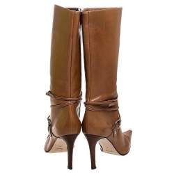 Pre Owned حذاء بوت سيرجيو روسي منتصف ساق تفاصيل إبزيم جلد بني مقاس 37