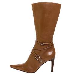 Pre Owned حذاء بوت سيرجيو روسي منتصف ساق تفاصيل إبزيم جلد بني مقاس 37