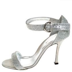 Pre Owned Sergio Rossi Grey Crystal Embellished Satin Open Toe Ankle Strap Sandals Size 36