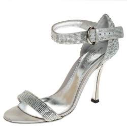 Pre Owned Sergio Rossi Grey Crystal Embellished Satin Open Toe Ankle Strap Sandals Size 36