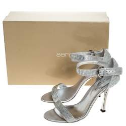 Pre Owned Sergio Rossi Grey Crystal Embellished Satin Open Toe Ankle Strap Sandals Size 36