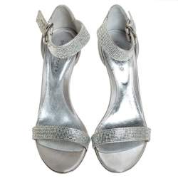 Pre Owned Sergio Rossi Grey Crystal Embellished Satin Open Toe Ankle Strap Sandals Size 36