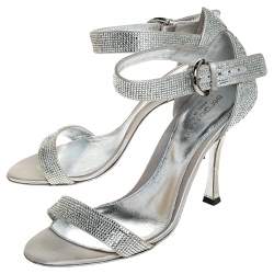 Pre Owned Sergio Rossi Grey Crystal Embellished Satin Open Toe Ankle Strap Sandals Size 36