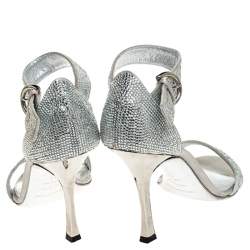 Pre Owned Sergio Rossi Grey Crystal Embellished Satin Open Toe Ankle Strap Sandals Size 36