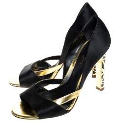 Pre Owned Sergio Rossi Black/Gold Satin Open Toe Sandals Size 38