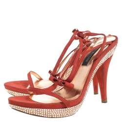 Sergio Rossi Red Suede Crystal Embellished Ankle Strap Platform Sandals Size 37