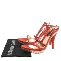 Sergio Rossi Red Suede Crystal Embellished Ankle Strap Platform Sandals Size 37