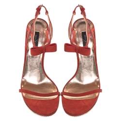 Sergio Rossi Red Suede Crystal Embellished Ankle Strap Platform Sandals Size 37