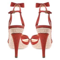 Sergio Rossi Red Suede Crystal Embellished Ankle Strap Platform Sandals Size 37