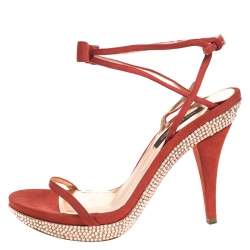 Sergio Rossi Red Suede Crystal Embellished Ankle Strap Platform Sandals Size 37