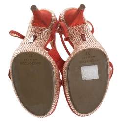 Sergio Rossi Red Suede Crystal Embellished Ankle Strap Platform Sandals Size 37