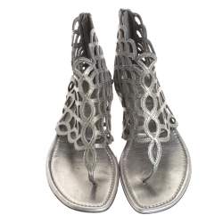 Sergio Rossi Metallic Grey Leather Cut Out Scalloped Flat Sandals Size 37.5