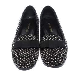 Sergio Rossi Black Crystal Embellished Fabric Bow Detail Flat Loafers Size 36.5