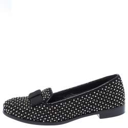 Sergio Rossi Black Crystal Embellished Fabric Bow Detail Flat Loafers Size 36.5