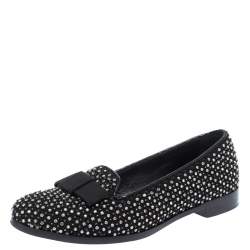 Sergio Rossi Black Crystal Embellished Fabric Bow Detail Flat Loafers Size 36.5