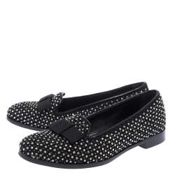 Sergio Rossi Black Crystal Embellished Fabric Bow Detail Flat Loafers Size 36.5