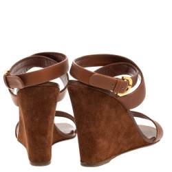 Pre Owned Sergio Rossi Brown Leather Open Toe Wedge Ankle Strap Sandals Size 39.5