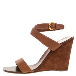 Pre Owned Sergio Rossi Brown Leather Open Toe Wedge Ankle Strap Sandals Size 39.5