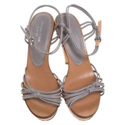Sergio Rossi Grey Strappy  Leather Wooden Platform Ankle Strap Sandals Size 39.5