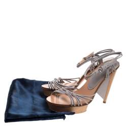 Sergio Rossi Grey Strappy  Leather Wooden Platform Ankle Strap Sandals Size 39.5