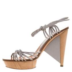 Sergio Rossi Grey Strappy  Leather Wooden Platform Ankle Strap Sandals Size 39.5